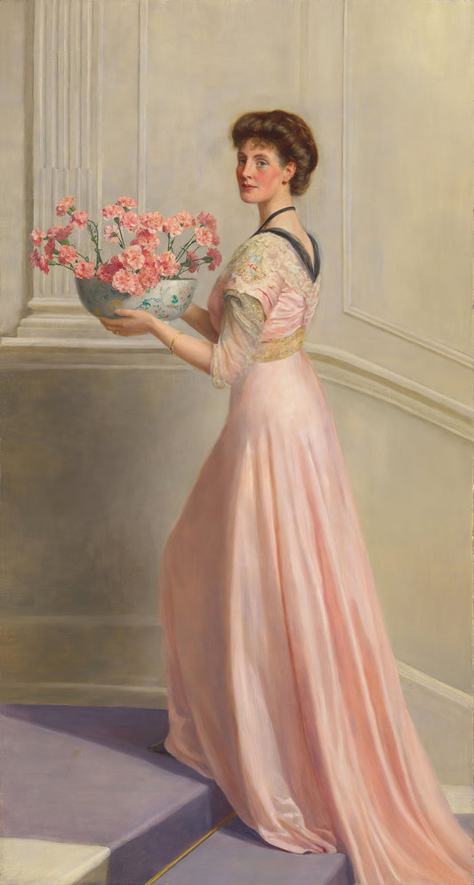 Lady with a bowl of pink carnations - John Collier