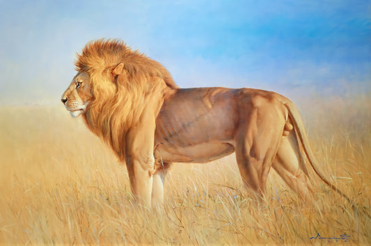 Lion dans la savane - 180 x 130 cm - Reproductions de tableaux et peintures haut de gamme