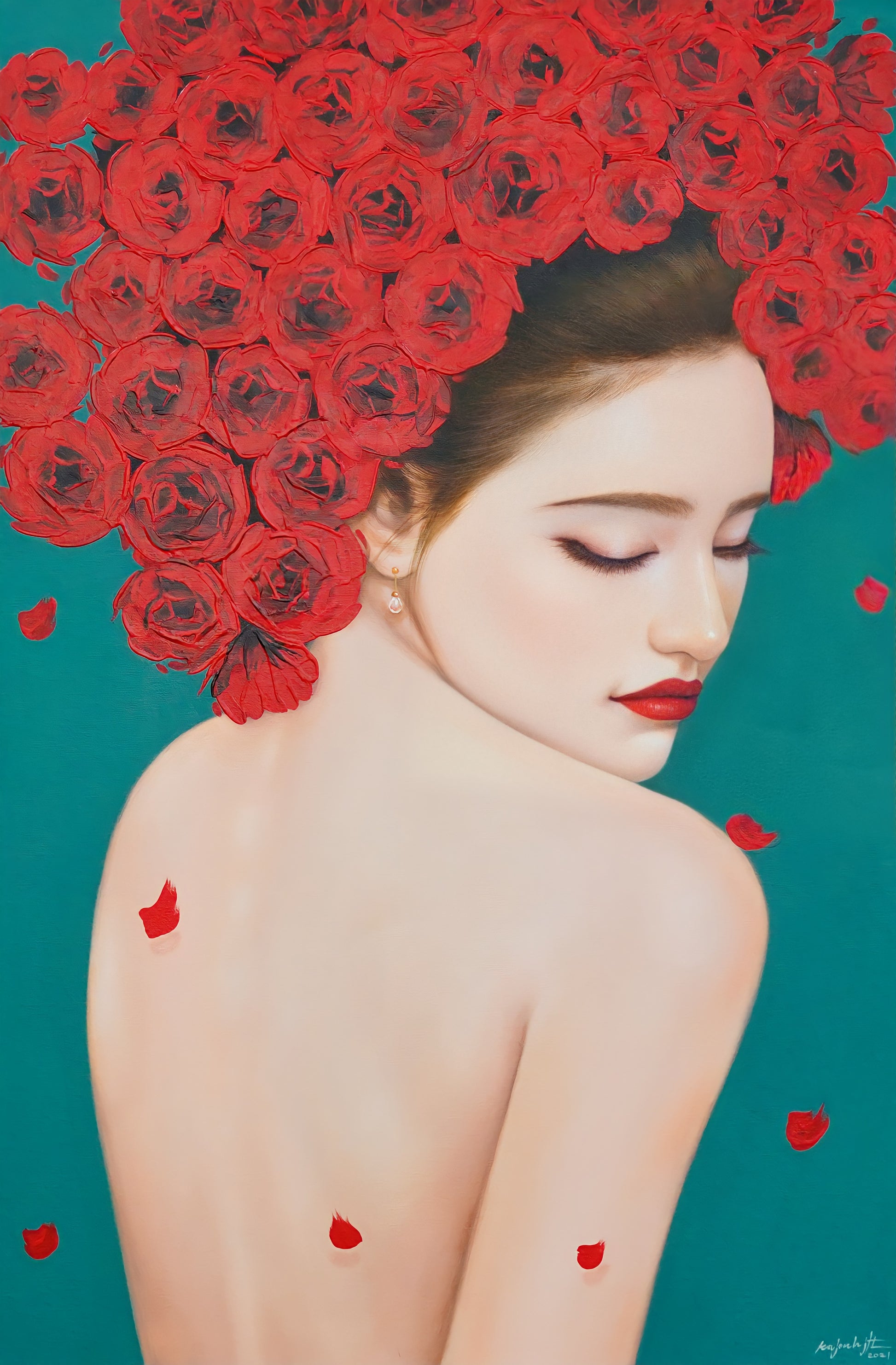 Femme fragile avec des roses - 60 X 90 cm - Reproductions de tableaux et peintures haut de gamme