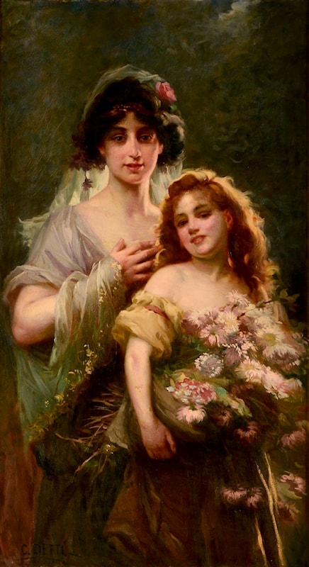 Portrait of Mother and Daughter with Flowers - Cesare-Auguste Detti