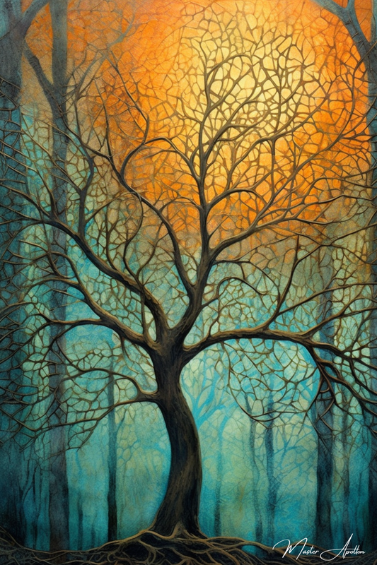 Tableau arbre contemporain bleu orange - Reproductions de tableaux et peintures haut de gamme