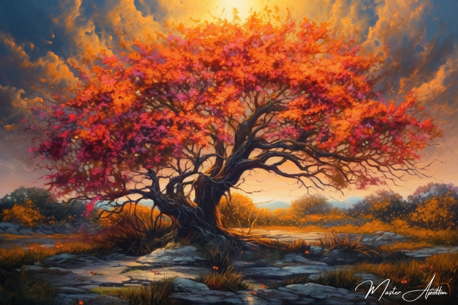 Tableau arbre en fleur orange - Reproductions de tableaux et peintures haut de gamme