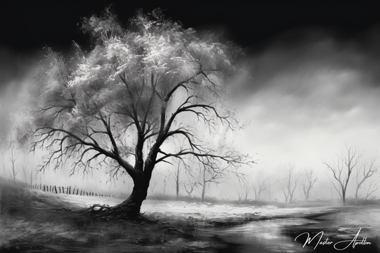 Tableau arbre noir et blanc prairie - Reproductions de tableaux et peintures haut de gamme