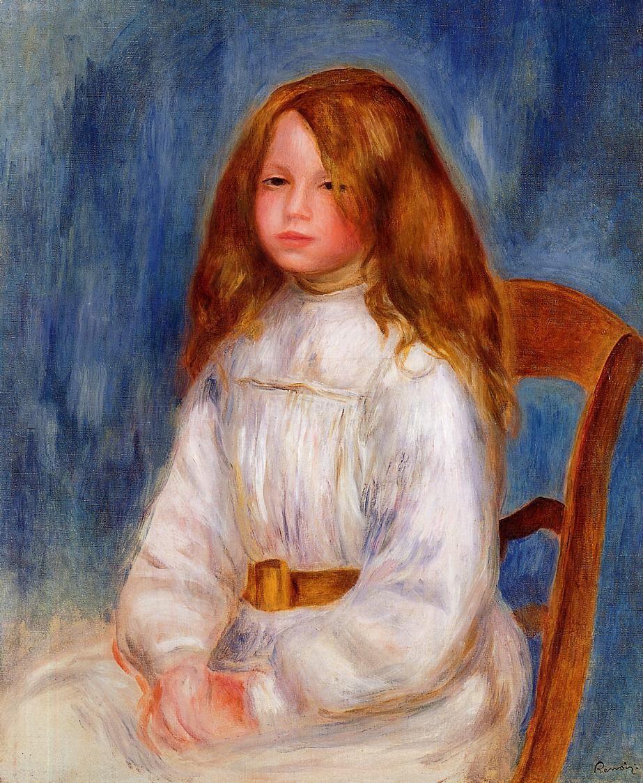 Fillette assise sur un fond bleu - Pierre-Auguste Renoir - Reproductions de tableaux et peintures haut de gamme