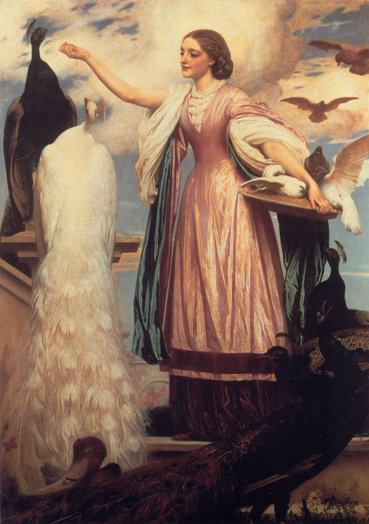 Une fille nourrissant des paons - Frederic Leighton - Reproductions de tableaux et peintures haut de gamme