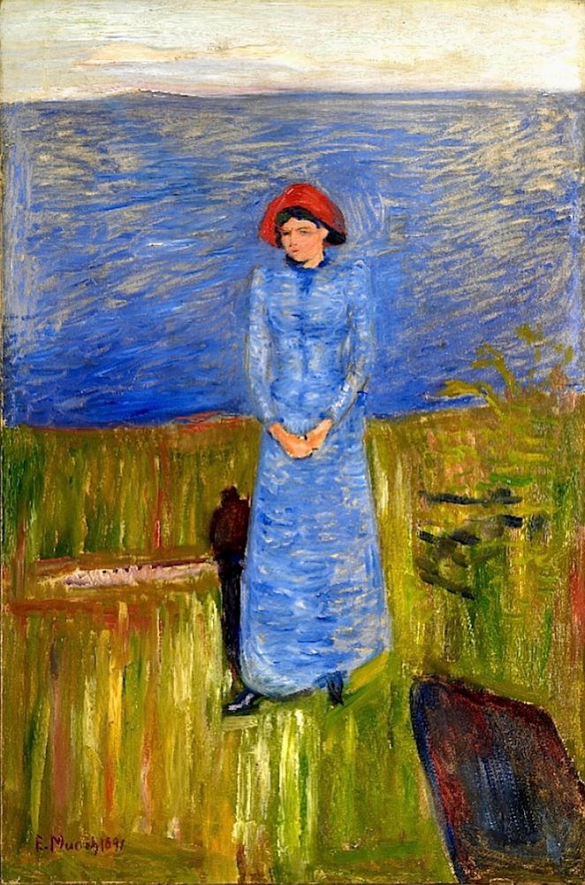 Femme avec un chapeau rouge au fjord - Edvard Munch - Reproductions de tableaux et peintures haut de gamme