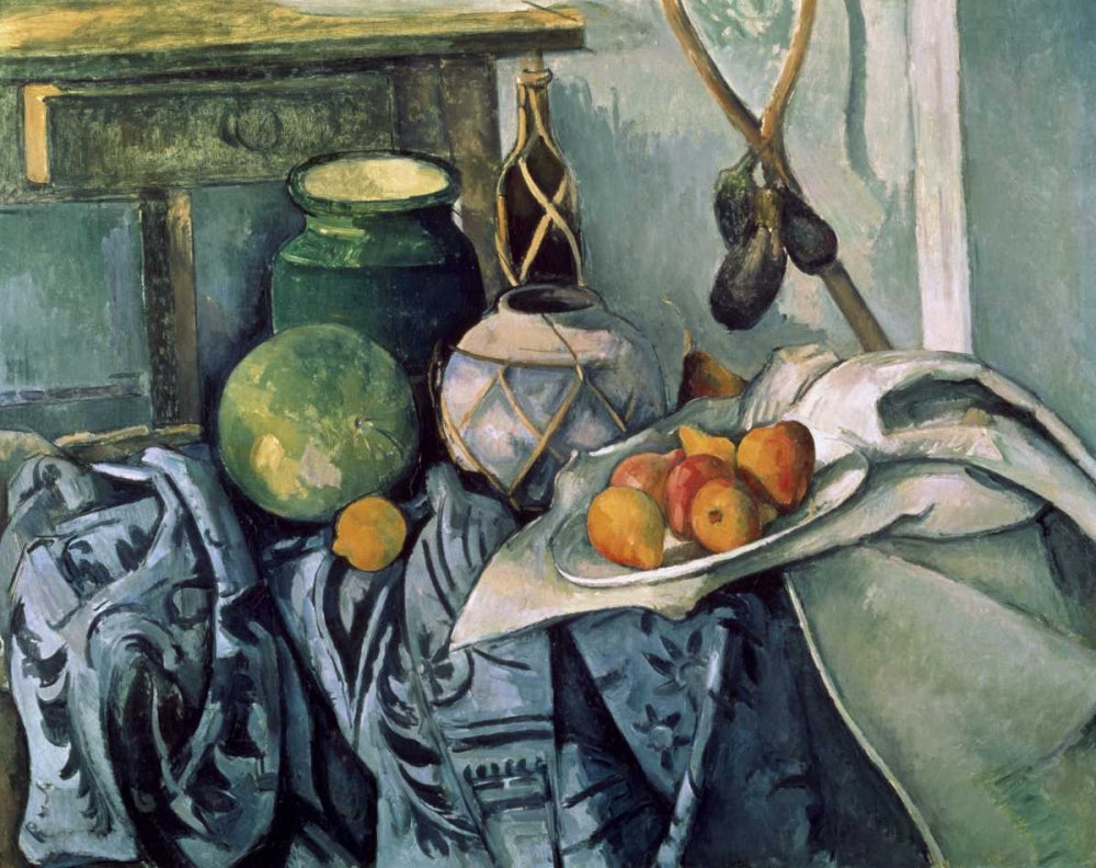 Nature morte avec un flacon et des aubergines - Paul Cézanne - Reproductions de tableaux et peintures haut de gamme