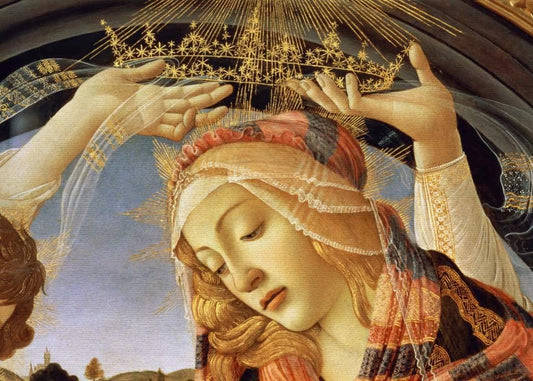 La Madone du Magnificat, détail du visage et de la couronne de la Vierge, 1482 (tempera sur panneau) - Sandro Botticelli - Reproductions de tableaux et peintures haut de gamme