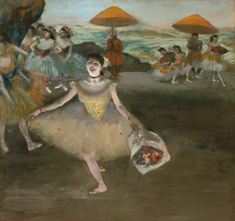 Danseuse au bouquet, saluant sur la scène - Edgar Degas - Reproductions de tableaux et peintures haut de gamme