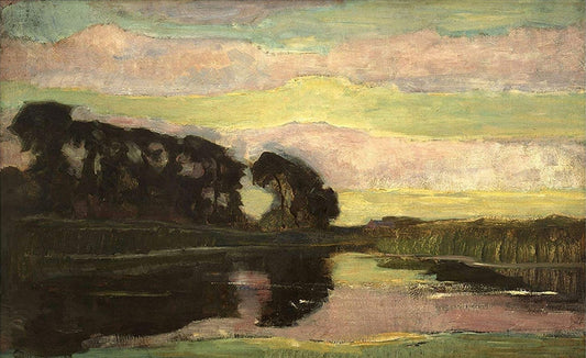 Paysage de rivière avec ciel rose et jaune - Mondrian - Reproductions de tableaux et peintures haut de gamme