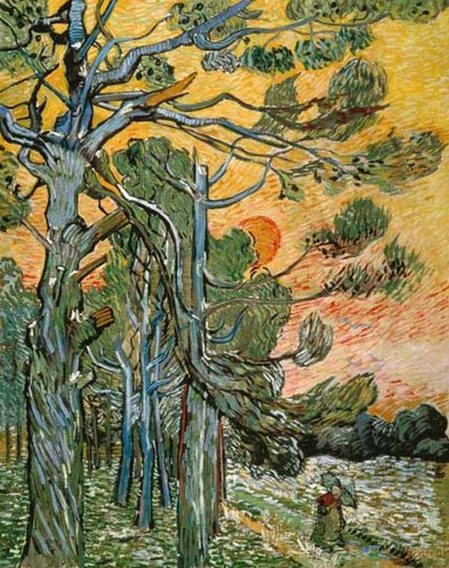 Pins sous le soleil couchant et le personnage féminin - Van Gogh - Reproductions de tableaux et peintures haut de gamme