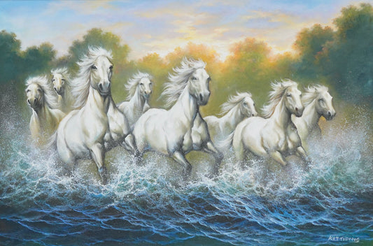 Chevaux blancs et rivières - 90 x 60 cm - Reproductions de tableaux et peintures haut de gamme