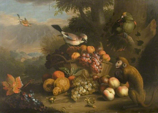 Nature morte avec un singe, Jay et Parrot - Tobias Stranover - Reproductions de tableaux et peintures haut de gamme