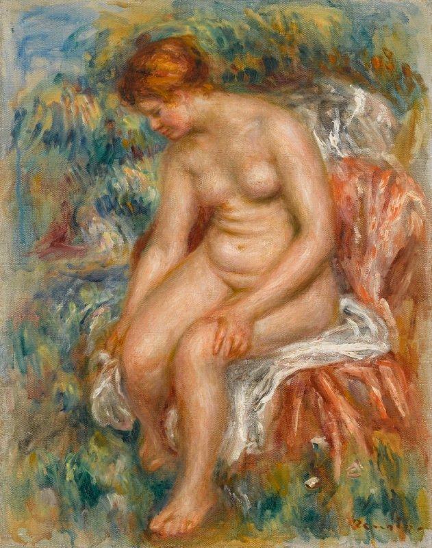 Baigneuse assise s'essuyant une jambe - Pierre-Auguste Renoir - Reproductions de tableaux et peintures haut de gamme