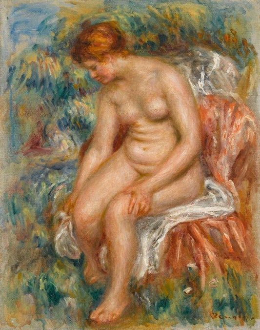 Baigneuse assise s'essuyant une jambe - Pierre-Auguste Renoir - Reproductions de tableaux et peintures haut de gamme