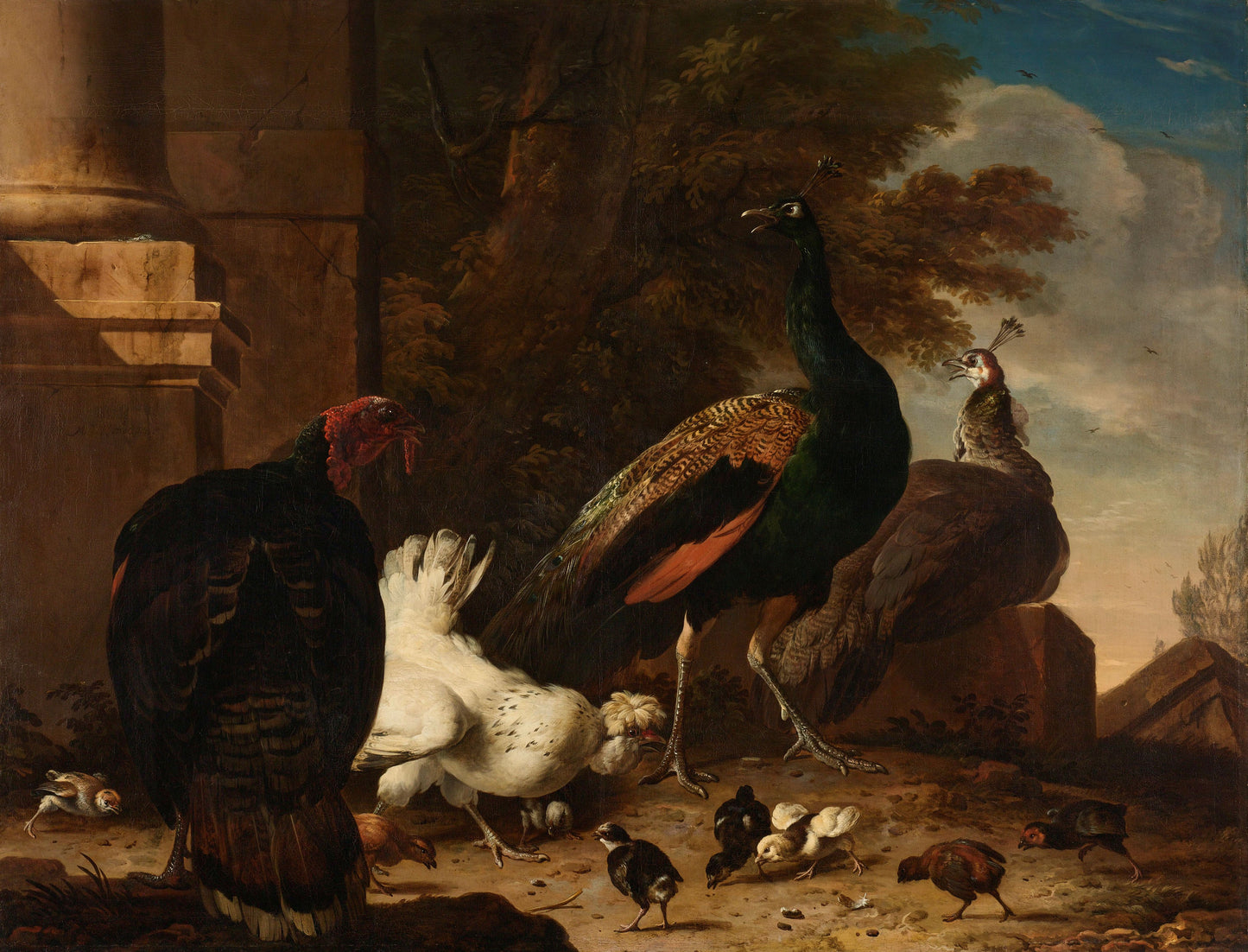 Une poule avec des paons et une dinde, vers 1680 - Melchior d'Hondecoeter - Reproductions de tableaux et peintures haut de gamme