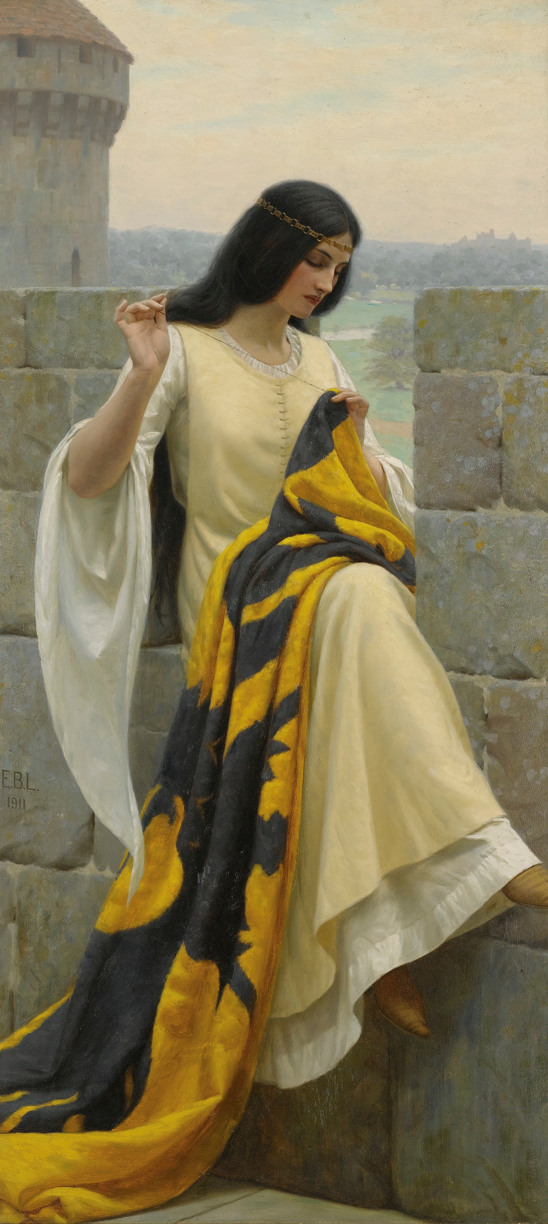 Dame brodant la bannière - Edmund Leighton - Reproductions de tableaux et peintures haut de gamme