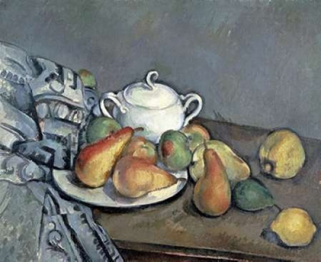 Nature morte avec sucrier, poires et nappe - Paul Cézanne - Reproductions de tableaux et peintures haut de gamme