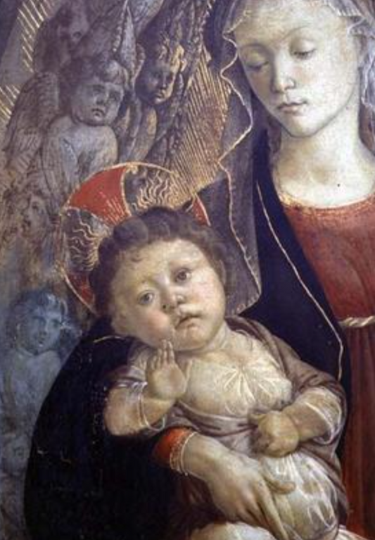 La Vierge et l'Enfant en gloire, détail de l'Enfant, 1468 (tempera sur panneau) (détail de 85673) - Sandro Botticelli - Reproductions de tableaux et peintures haut de gamme