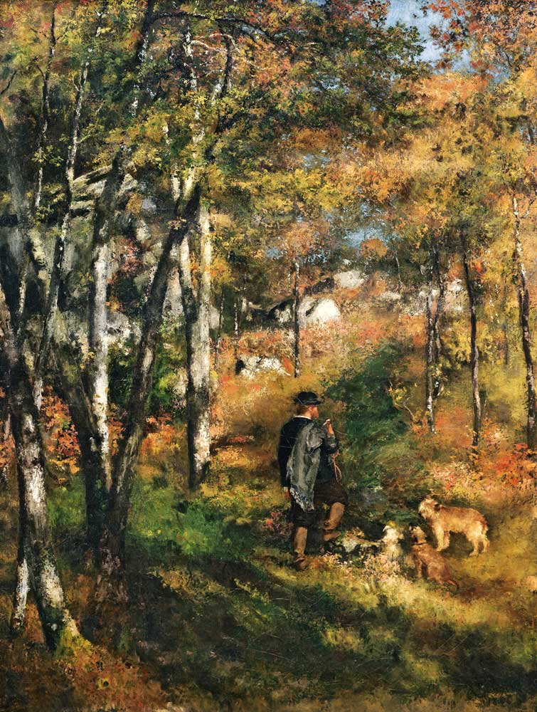 Le peintre Jules Le Coeur et ses chiens dans la forêt de Fontainebleau - Pierre-Auguste Renoir - Reproductions de tableaux et peintures haut de gamme