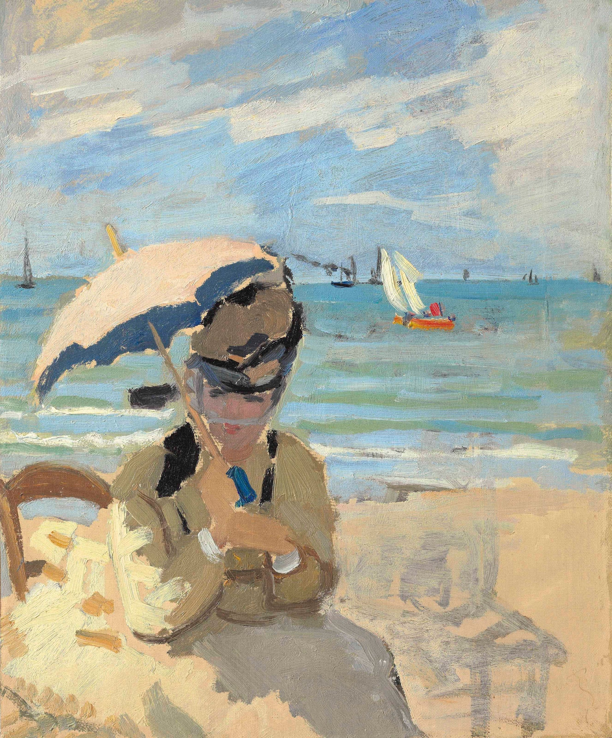 Camille assise sur la plage à Trouville - Claude Monet - Reproductions de tableaux et peintures haut de gamme