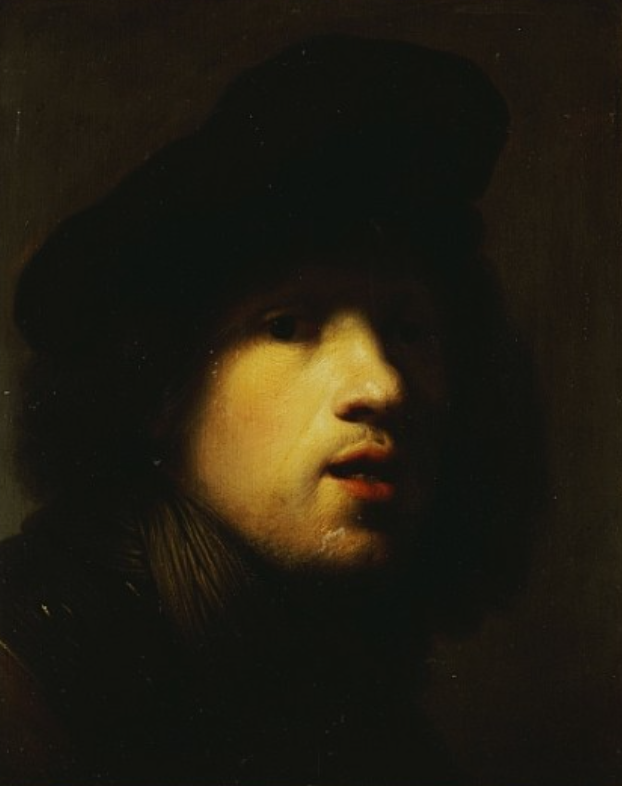 Portrait de l'artiste, tête et épaules, avec un béret noir et un gorget - Rembrandt van Rijn - Reproductions de tableaux et peintures haut de gamme