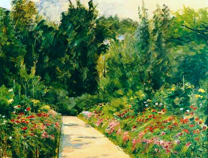 Pièces rapportées de jardin avec le chemin et des fleurs - Max Liebermann - Reproductions de tableaux et peintures haut de gamme