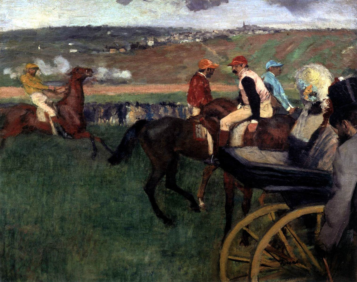 L'hippodrome - Jockeys amateurs près d'une voiture - Edgar Degas - Reproductions de tableaux et peintures haut de gamme