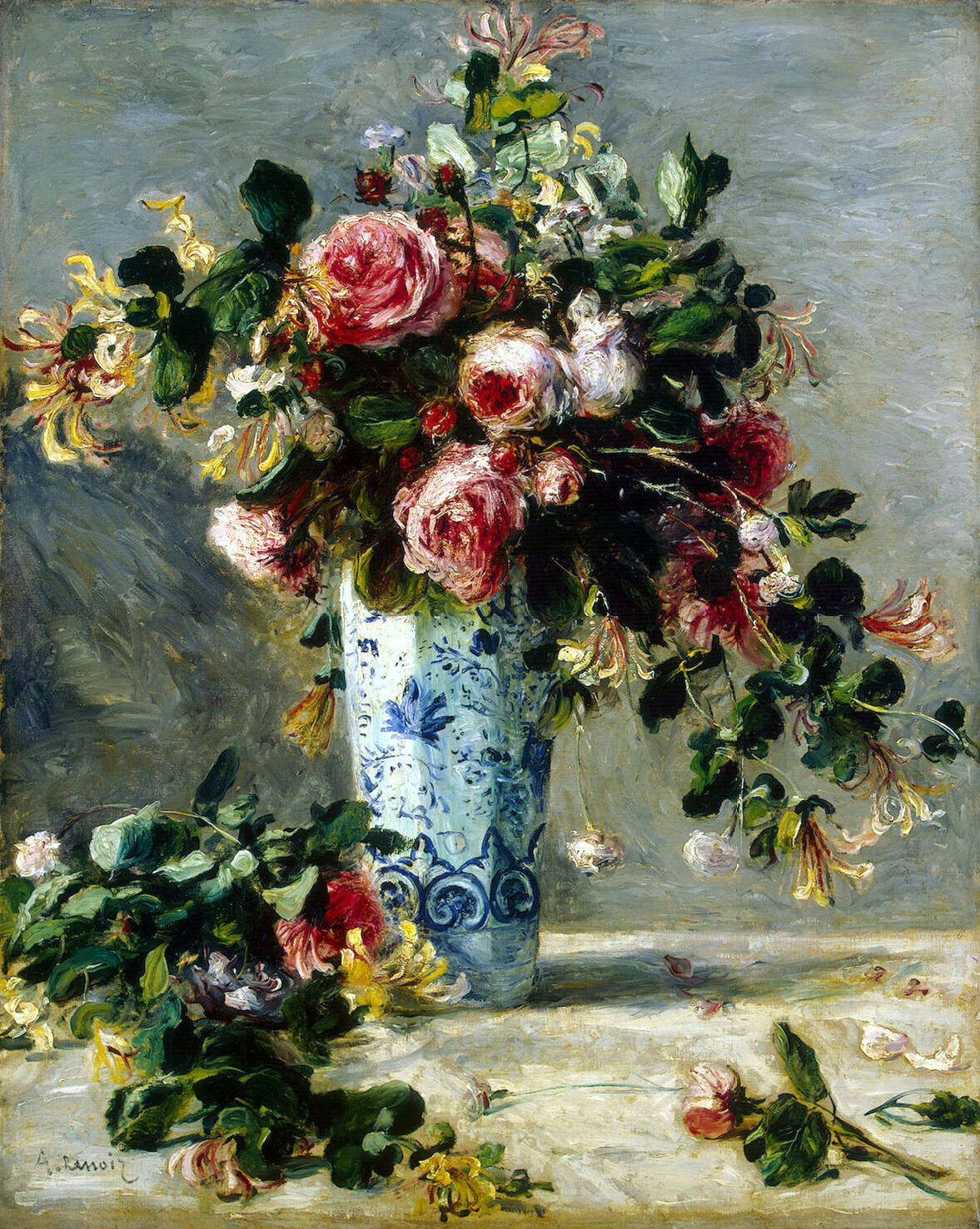 Roses et jasmin dans un vase de Delft - Pierre-Auguste Renoir - Reproductions de tableaux et peintures haut de gamme