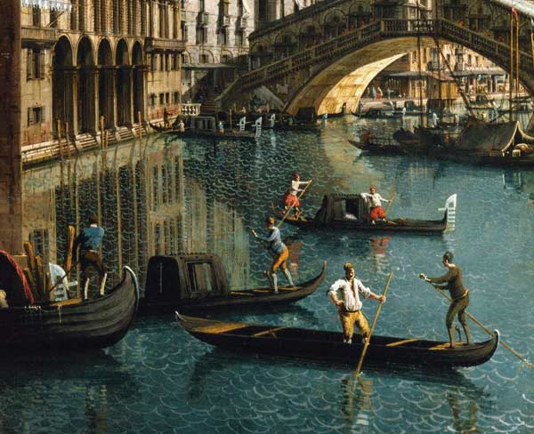 Gondoliers près du pont du Rialto, Venise - Giovanni Antonio Canal - Reproductions de tableaux et peintures haut de gamme