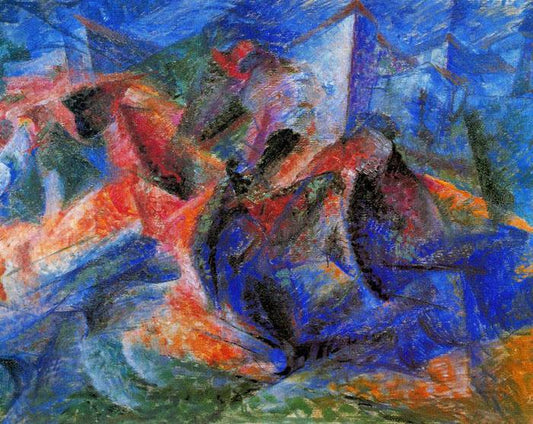 Chevaux+cavaliers+maisons - Umberto Boccioni - Reproductions de tableaux et peintures haut de gamme