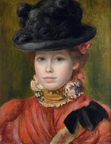 Fille au chapeau noir avec des fleurs rouges - Pierre-Auguste Renoir - Reproductions de tableaux et peintures haut de gamme