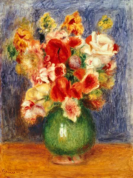 Nature morte avec des fleurs dans un vase vert - Pierre-Auguste Renoir - Reproductions de tableaux et peintures haut de gamme