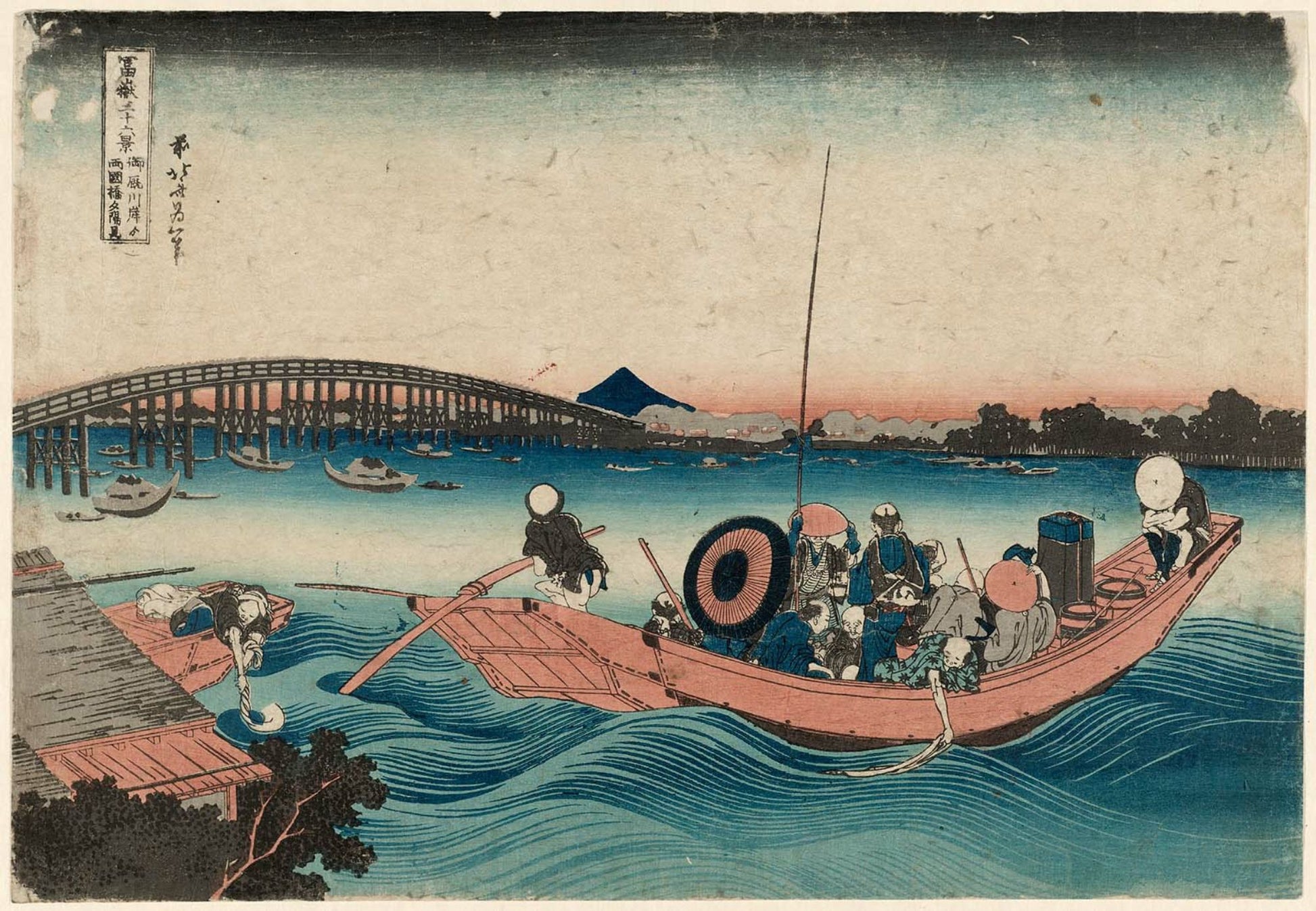 hokusai contemplant le coucher de soleil sur le pont ryōgoku depuis le quai onmayagashi (onmayagashi yori ryōgokubashi sekiyō o miru), de la série trente-six vues du mont fuji (fugaku sanjūrokkei) - Katsushika Hokusai - Reproductions de tableaux et peintures haut de gamme