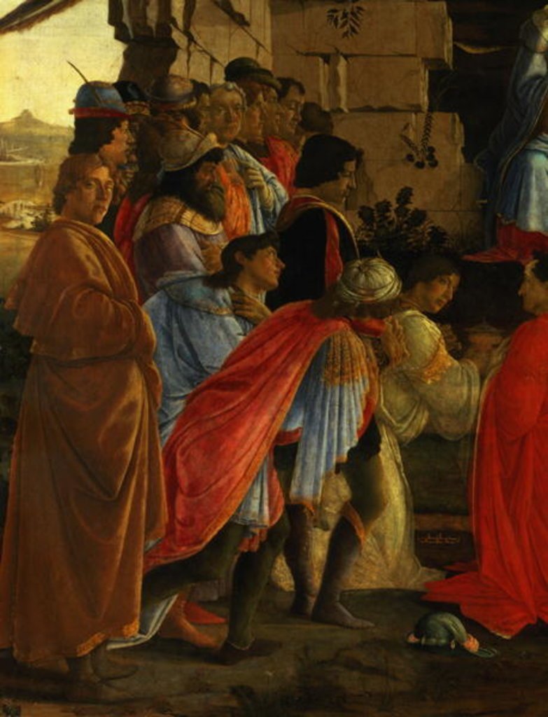 L'Adoration des Mages, détail de l'autoportrait et de ceux de la famille Médicis - Sandro Botticelli - Reproductions de tableaux et peintures haut de gamme