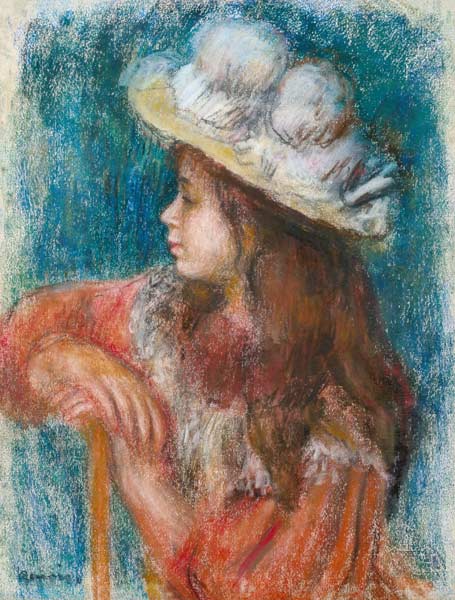 Jeune fille assise avec un chapeau blanc - Pierre-Auguste Renoir - Reproductions de tableaux et peintures haut de gamme