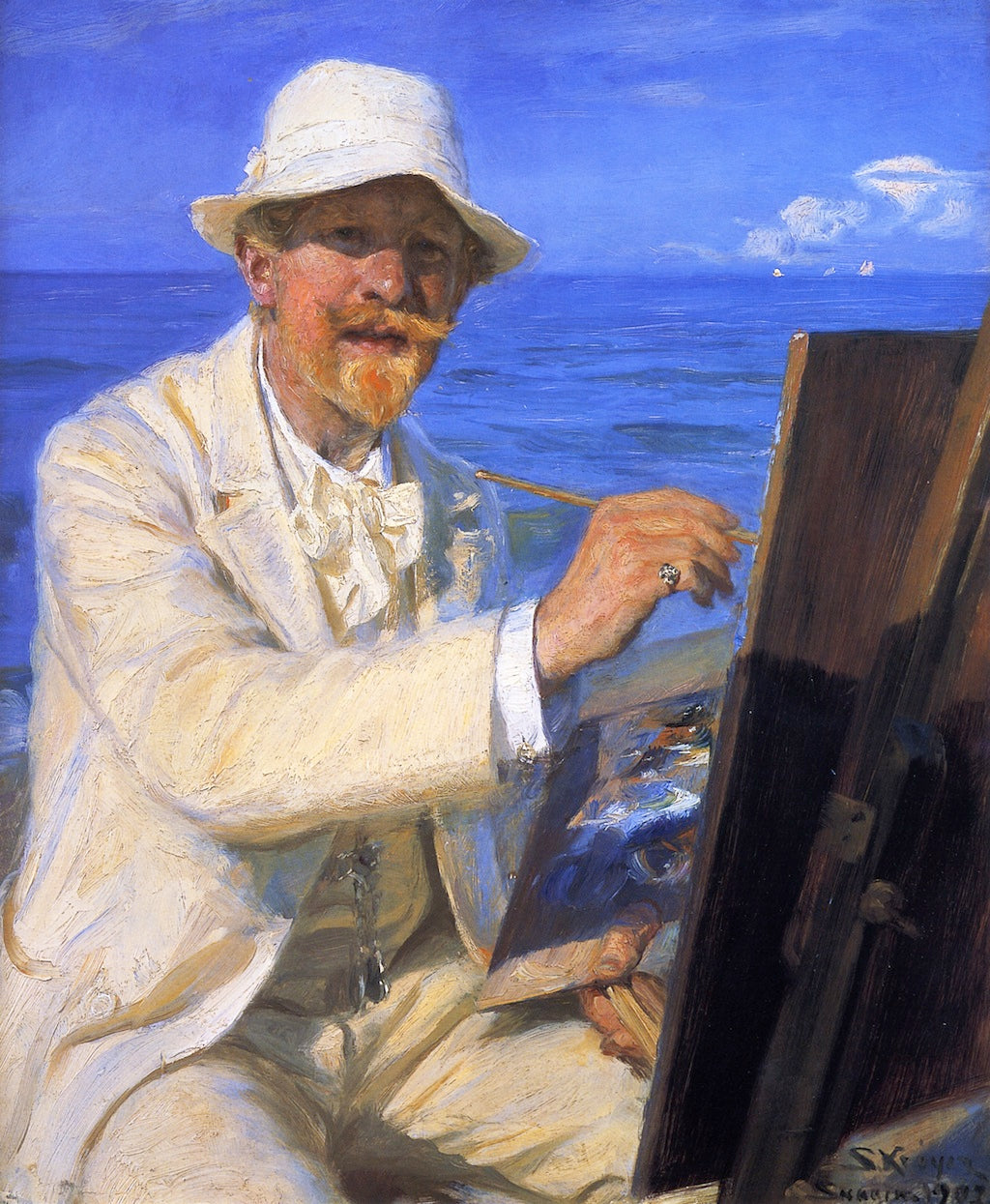 Autoportrait, assis près de son chevalet à la plage de Skagen - Peder Severin Kroyer - Reproductions de tableaux et peintures haut de gamme