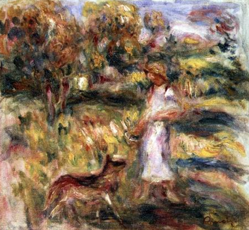 Paysage avec la femme de Renoir et Zaza - Pierre-Auguste Renoir - Reproductions de tableaux et peintures haut de gamme